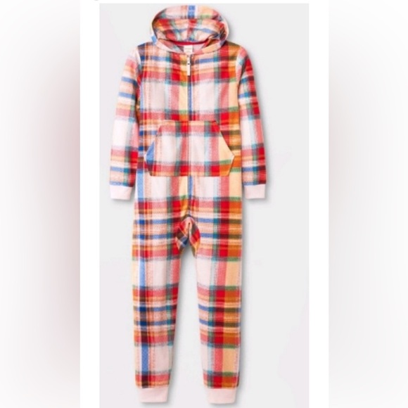CAT & JACK Girls' Printed Union Suit Onesies Fleece Plaid Pajamas w. Hood - Picture 4 of 15
